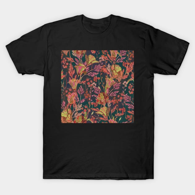 Poppy Garden (Dark Teal) T-Shirt by lottibrown